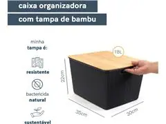 Caixa Organizadora Oikos com Tampa de Bambu 18 Litros Cinza - 1