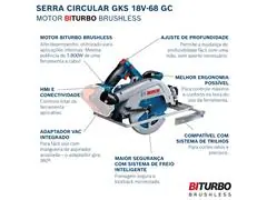 Serra Circular Bosch GKS 18V-68 GC Brushless 1800W 18V SB, com disco - 2