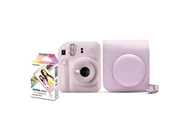 Kit Câmera Instax Mini 12 com pack 10 fotos Macaron e Bolsa Lilás