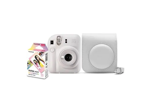 Kit Câmera Instax Mini 12 com pack 10 fotos Macaron e Bolsa Branco