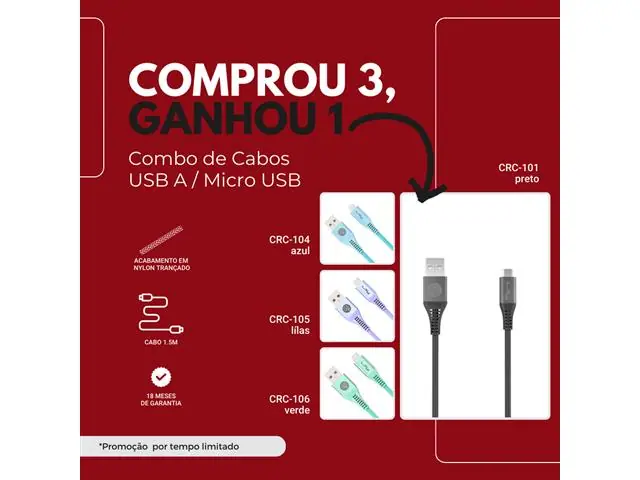 Comprou 3, Ganhou 1 Cabo USB A para Micro USB Lity (CRC-100)