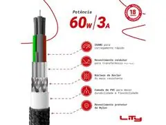 Cabo Lity C11P USB A - USB C Carregamento Rápido Até 60W E 3A 2M Preto - 5