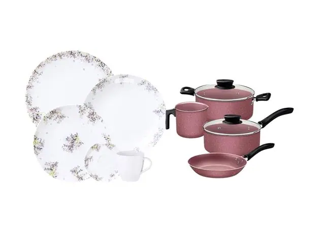 Combo Essencial Tramontina: Panelas Linz Rosa + Aparelho de Jantar Fog