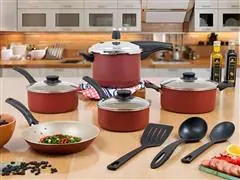 Jogo de Panelas Tramontina Turim Antiaderente Vermelho 8 pçs C/Pressão