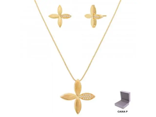 Conjunto flor Morana zircônias dourado 40cm + 5cm