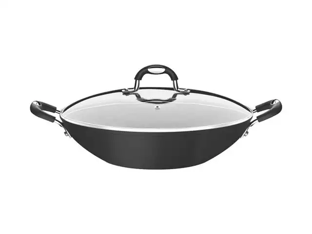 Panela Wok Tramontina Mônaco Antiaderente Preto e Tampa de Vidro 32CM